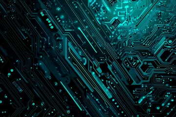 Abstract close-up of a glowing blue digital circuit board, showcasing intricate connections and technological design on a black background.
