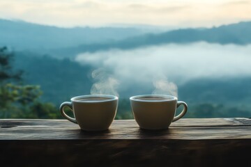 . Two steaming cups of coffee on a rustic wooden ledge, overlooking a foggy mountain valley.
