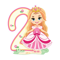 Cute princess with beautiful eyes in a pink dress and number 2 on white background. Happy Birthday concept. For Greeting Card or Invitation. Vector illustration in flat cartoon style