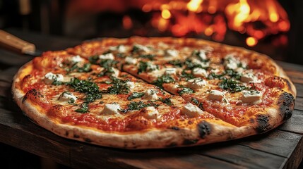 Delicious rustic pizza baking in a traditional wood-fired oven with vibrant flames