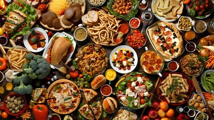 Fototapeta premium Viele verschiedene Speisen und Snacks auf einem Tisch angerichtet.