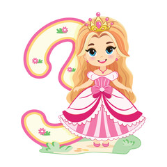 Cute princess with beautiful eyes in a pink dress and number 3 on white background. Happy Birthday concept. For Greeting Card or Invitation. Vector illustration in flat cartoon style