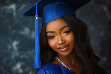 Portrait of a beautiful young black woman celebrating her graduation, wearing a blue gown and cap with a tassel
