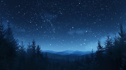 A night sky filled with stars over a dark forest and mountain range.