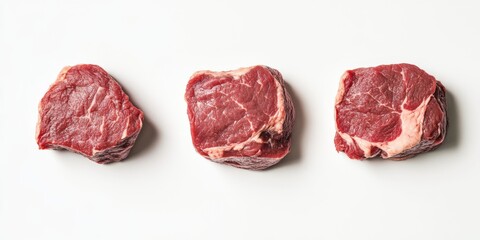 Obraz premium Raw red meat pieces isolated on a white background. Delicious Fresh Rib eye Steak Cuts for Presentation. Three premium ribeye steaks with rich marbling, for grilling meals. Prime Boneless Hip Sirloin