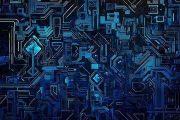 Abstract close-up of a glowing blue digital circuit board, showcasing intricate connections and technological design on a black background.
