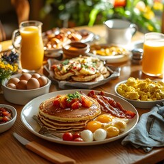 A lavish breakfast spread featuring pancakes, eggs, bacon, and beverages on a wooden table.