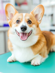 Cute pembroke welsh corgi smiling at veterinary clinic. Adorable corgi resting on examination table, enjoying a visit to the vet