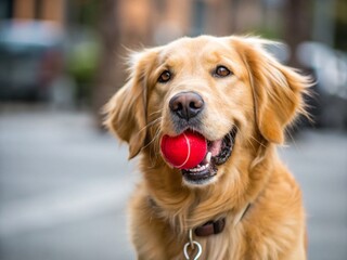 Happy Golden Retriever Playing Fetch with Red Ball and Whistle