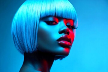 Pretty calm black girl - for ads, brochure and social apps use. Commercial commercial concept pattern art. Short haircut - blue hair. Fashion black hair. Artistic african elegance.
