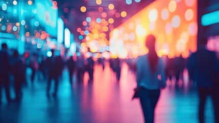 Woman walking vibrant convention center, blurred crowd, colorful lights