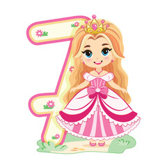 Cute princess with beautiful eyes in a pink dress and number 7 on white background. Happy Birthday concept. For Greeting Card or Invitation. Vector illustration in flat cartoon style