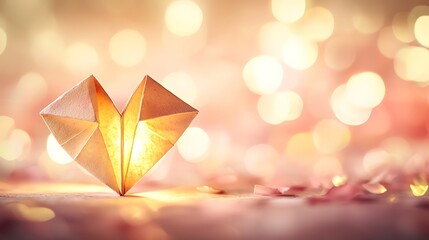 A single origami heart illuminated by soft white light, paper edges perfectly folded, set against a romantic blurred background with hints of pink and cream, a calm and loving mood, fine details