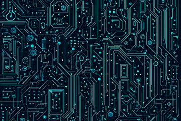 Abstract close-up of a glowing blue digital circuit board, showcasing intricate connections and technological design on a black background.
