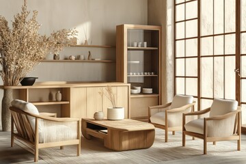 3D render of a Japandi-inspired room featuring neutral tones, a built-in kitchen counter, and light wooden chairs.