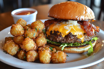 Juicy cheeseburger topped with bacon and melted cheese served with crispy tater tots and ketchup