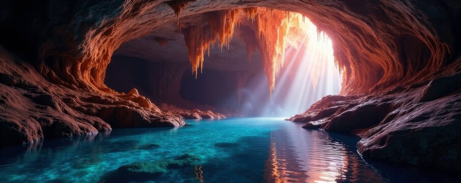 Sparkling stalactite formation on cave ceiling, crystal formations, underground water, flowstone