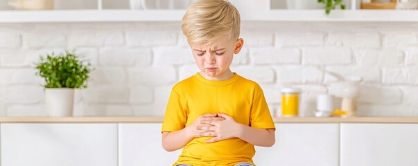 A young boy in a yellow shirt holds his stomach, looking distressed in a bright kitchen setting.