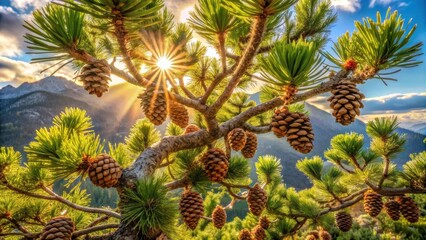 Fototapeta premium Sunlit pine tree branches laden with ripe pinecones, backlit by a vibrant sunrise over a distant mountain range