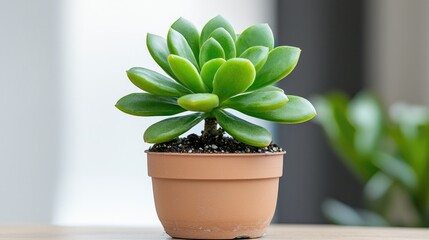 Obraz premium Succulent plant in pot on wooden table, home office background