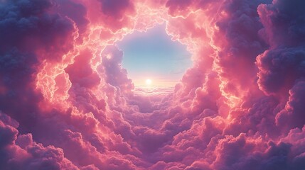Heavenly pink clouds glow warmly around a vibrant sunset hole. AI Generated
