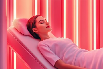 A relaxed woman receiving red light therapy in a modern wellness center with sleek panels and calming atmosphere. Biohacking concept