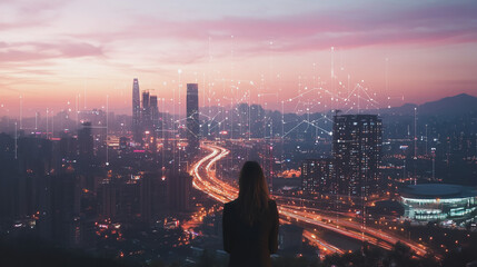 Abstract business woman stands on Smart digital Innovation city with connection network reciprocity over the twilight cityscape. of future wireless digital city and social media networking systems