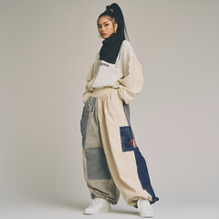 Full-body shot of an Asian female model, wearing baggy beige wide-leg pants and a grey oversized sweater with a blue check pattern on the sleeves.