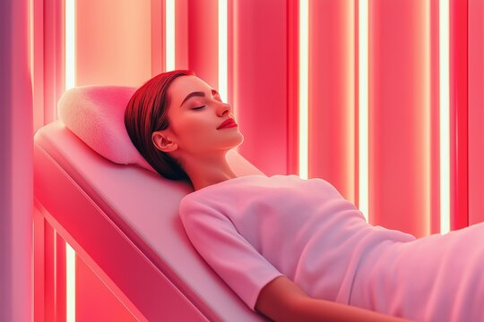 A relaxed woman receiving red light therapy in a modern wellness center with sleek panels and calming atmosphere. Biohacking concept
