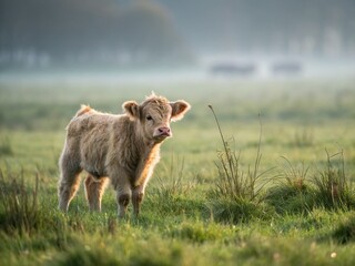 Fototapeta premium Highland Cow Calf Minimalist Photography: Cute Baby Cow in Simple Setting