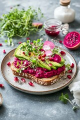 Gourmet avocado toast with beet hummus, microgreens, and pomegranate seeds beautifully plated in natural light