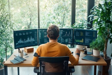 Young man monitors health metrics with wearable technology in bright home office