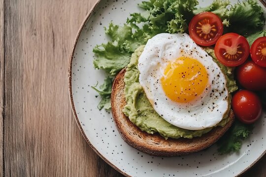 Delicious mash of avocado on toasted sourdough with poached egg and fresh cherry tomatoes served on a rustic plate