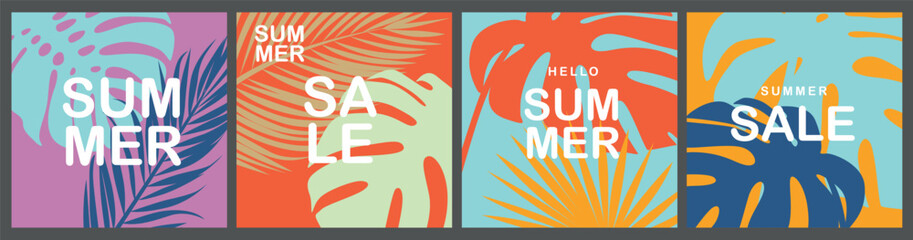 Bright and colorful summer sale banners with tropical leaves and modern typography. Perfect for social media ads, website banners, and marketing materials related to summer discounts and sales