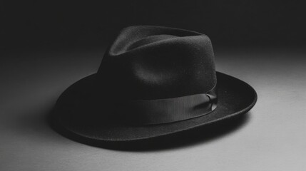 A black fedora hat sits on a dark surface.