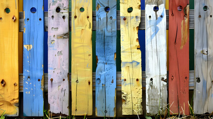 A colorful wooden fence with various painted planks and visible textures.