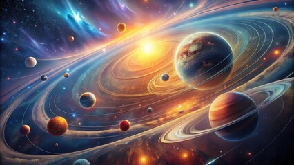 A vibrant cosmic scene depicting a star system with multiple planets, rings, and celestial bodies