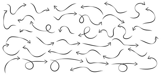 Obraz premium Hand-drawn Doodle arrows icon set or graphics collection. Pointer icons. Pointer graphic symbols. Sketch arrow design for business plan and education. Vector illustration.