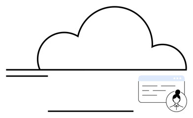 Cloud outline with lines, browser window, and user icon suggesting data access and collaboration. Ideal for technology, cloud storage, networking, user interface, digital profile, online security