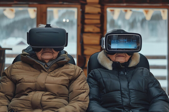 Elderly couple happily browsing the internet together on the couch at home