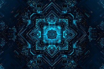 Abstract close-up of a glowing blue digital circuit board, showcasing intricate connections and technological design on a black background.
