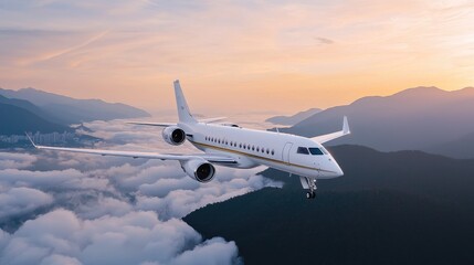Naklejka premium Private jet flying above clouds at sunset, mountain backdrop; luxury travel
