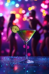 Glass of beautiful cocktail on neon background of bar. Selective focus.