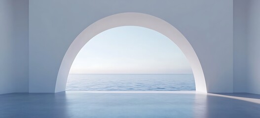 Abstract white wall background of a modern luxury villa interior with a panoramic window showing a beautiful sea view, an empty room for product presentation in minimalistic style