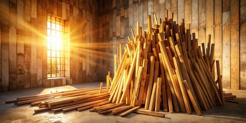 Obraz premium Sunlight Illuminates a Large Pile of Wooden Planks in a Rustic Room