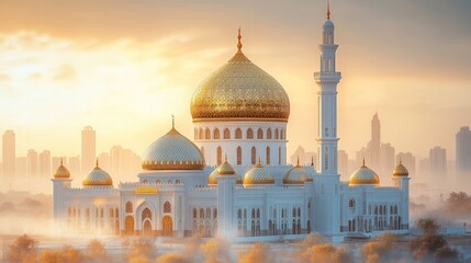 Naklejka premium Magnificent mosque, golden domes, sunrise city backdrop.