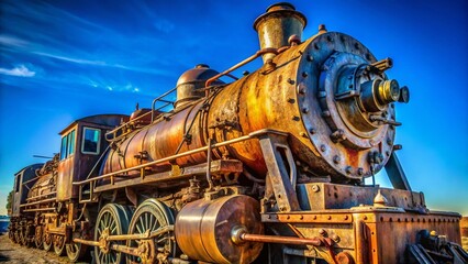 Obraz premium Historic Steam Locomotive under Vast Blue Sky - Vintage Railroad Stock Photo