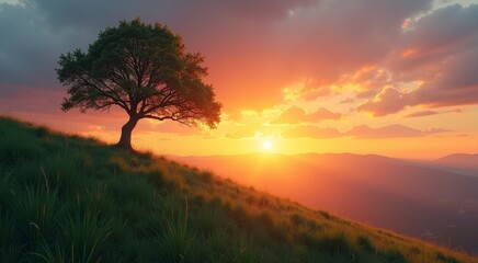 Stunning sunrise view with lone tree on a grassy hill and brilliant clouds illuminating the horizon
