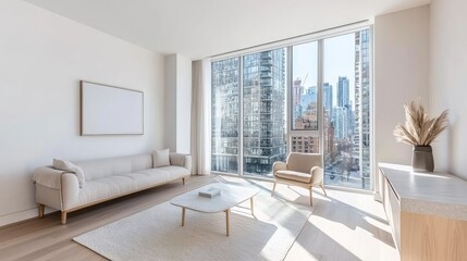 Modern apartment living room with city view, sunlight streaming through large windows. Ideal for real estate listings