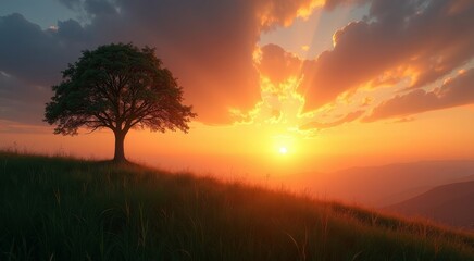 Breathtaking sunrise landscape featuring a lonely tree on the hill with bright colors and dramatic sky